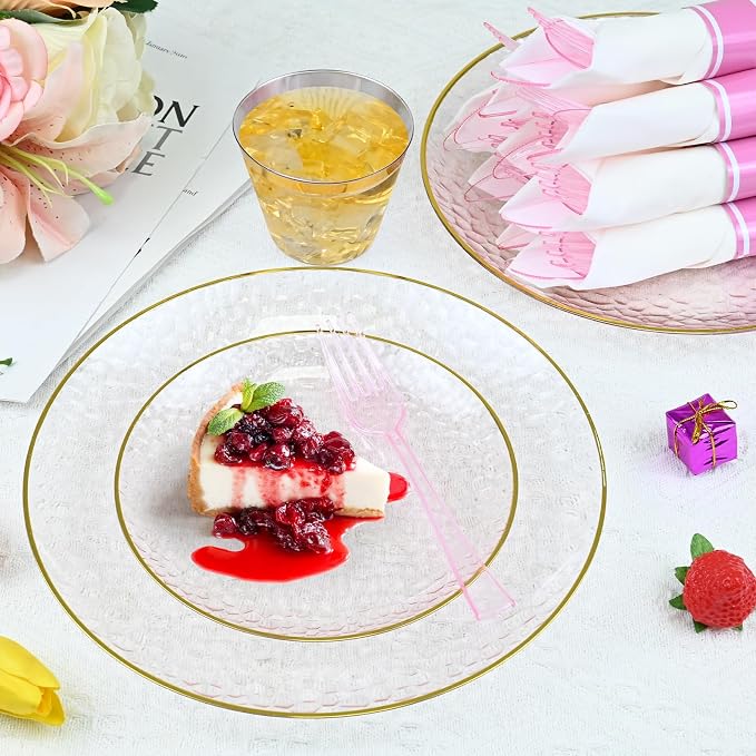175PCS Pink Hammered Plastic Dinnerware Set for 25 Guests - Disposable Pink Plates with Gold Rim, Heavy Duty Cups Pre-Rolled Napkins with Cutlery (Forks/Knives/Spoons), Ideal for Wedding, Party