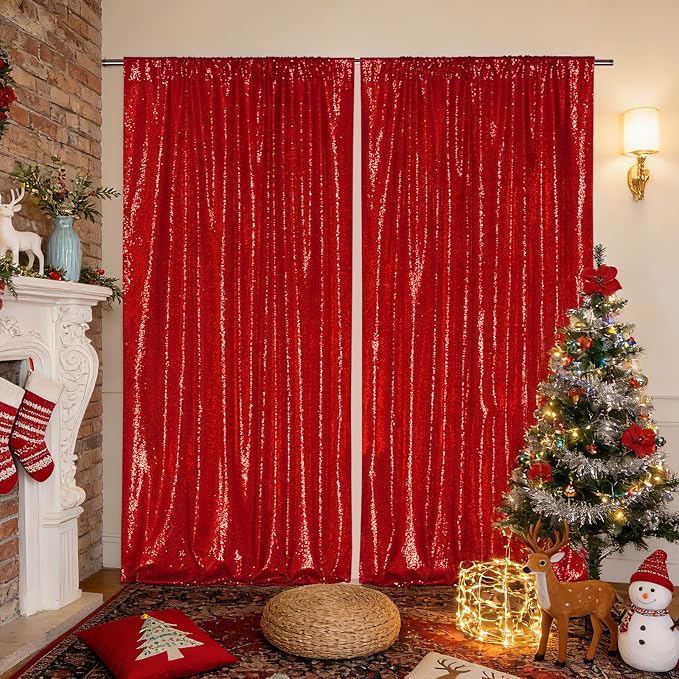 SquarePie 2 PCS 4x10ft Red Sequin Backdrop for Photography, Extra Long Satin-Backed Real Sequin Curtain, High-Density Shimmering Background with 4" Rod Pocket for Wedding Ceremony, 2 Panels