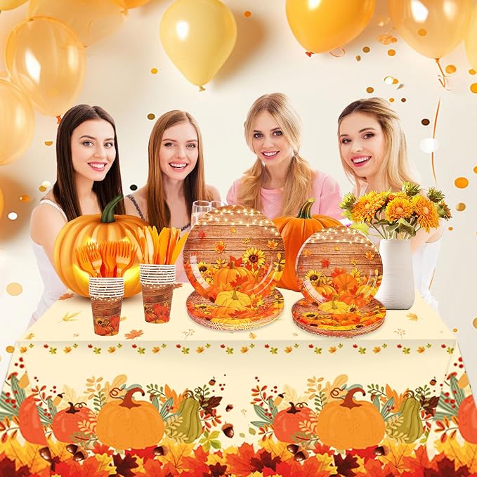 182pcs Fall Paper Plates and Napkins Set,Thanksgiving and Pumpkin Plates Disposable Dinnerware for Autumn Birthday Thanksgiving Party Decorations,Serve 30 Guests