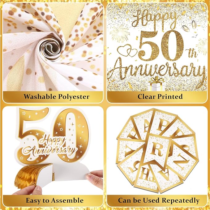 50th Golden Wedding Anniversary Decorations - White Gold Happy Anniversary Banner Backdrop Centerpiece Hanging Swirls Pom Poms