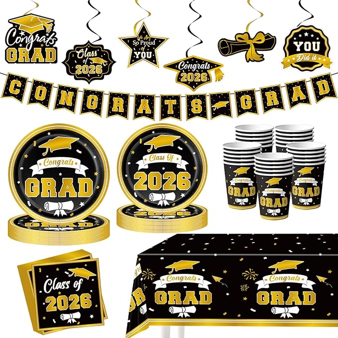Graduation Decorations 2026 Black and Gold, Congratulations Party Favors Supplies Paper Plates Napkins Cups Tablecloth for 25 Guests, Disposable Tableware Accessories for College & Middle School