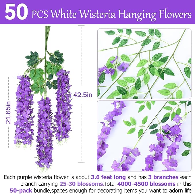 50 Pack Purple Wisteria Hanging Flowers,Fake Hanging Wisteria Flowers Garland for Decoration (3.6 Ft/Pcs)