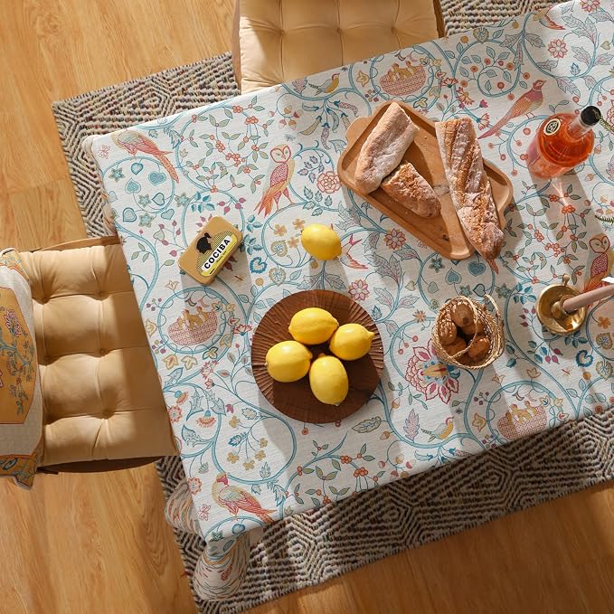 patdrea Vintage French Linen Tablecloth,Square,67"x67"-Magnolia | Colorful Elegant Table Cloth for Square Table,Yellow Floral Bird Print,Dining Room Tea Party Decoration,Durable