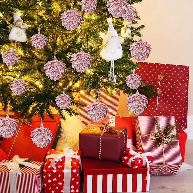 Sratte 8 Pcs Valentine Ball Ornaments Artificial Pinecone Hanging Ornaments Glitter Winter Faux Flower for Xmas Decor, 3.15/2.36 Inch(Rose Gold)