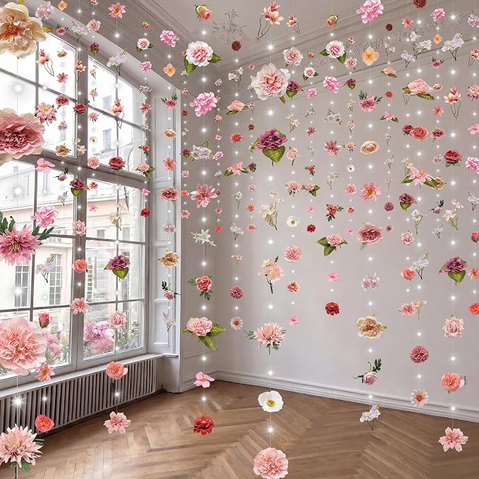 Suncalla 6 Pack 35.4ft Fake Flower Garland Backdrop with LED Lights Hanging Wildflower Floral Vine Decorations for Wedding Bridal Shower Birthday Baby Shower Party Backdrop(Fresh,Pink)