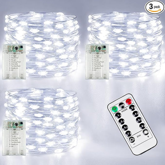 3 Pack Fairy Lights Battery Operated with Remote Control Timer, 26 FT 80 LED String Lights Outdoor Indoor, 8 Mode Twinkle Lights for Christmas Party Wedding Birthday Bedroom Décor (Cool White)