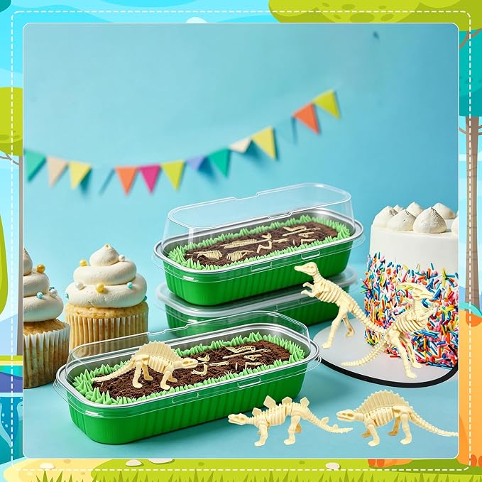 24 Set Dinosaur Fossil Skeleton Cake Toppers Dig Kit Mini Baking Pans with Lids and Shovel Spoons Desserts Tray for Baby Shower DIY Dinosaur Cake Decorations Dino Birthday Party Supplies