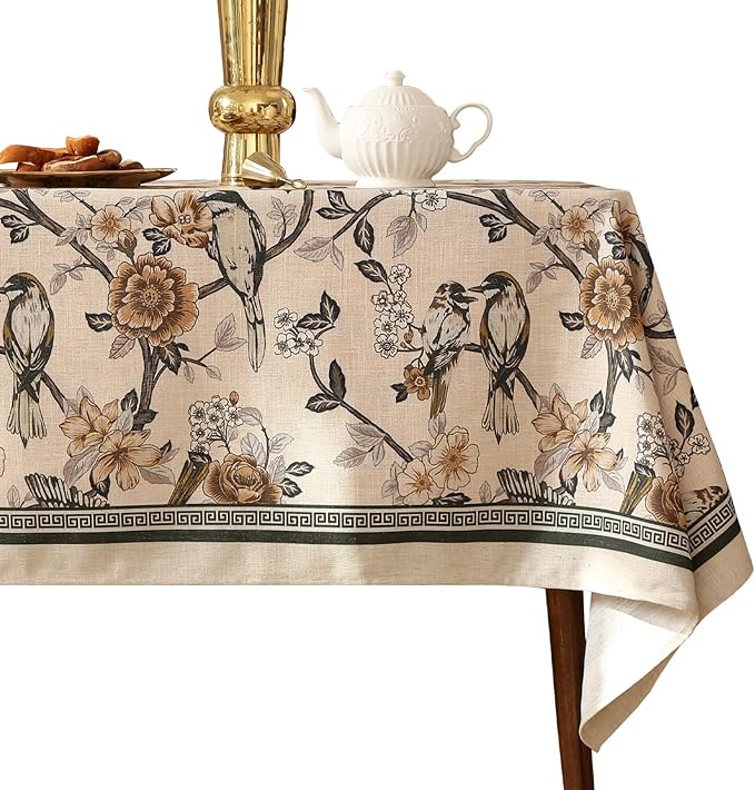 ISAENNE Designer Vintage Linen Tablecloth Rectangular,71"x55"-Murad A | French Elegant Table Cloth for Rectangle Table,Floral and Bird Pattern for Dining Kitchen Tea Party Thanksgiving,Decor