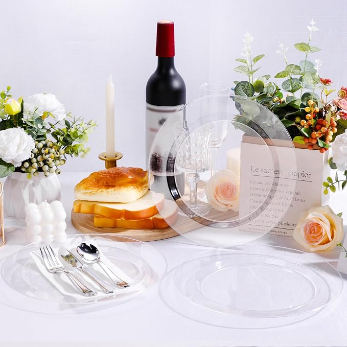 Bestluck 100PCS Clear Plastic Plates, Clear Disposable Plates for 50 Guests, 50 Dinner Plates 10.25 inch & 50 Dessert Plates 7.5 inch for Party, Graduation, Wedding