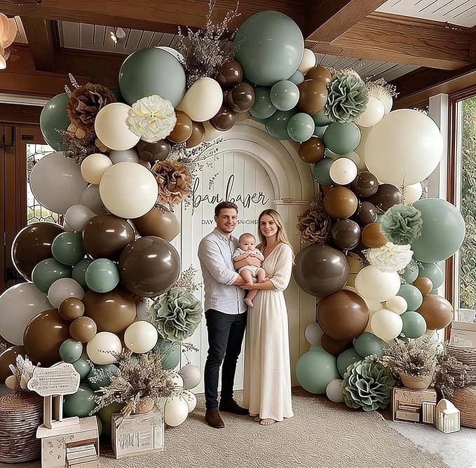 Dusty Green Nude Balloon Arch Double Stuffed Sage Green Brown Beige White Sand Balloon Garland Kit Tissue Paper Pom for Neutral Baby Shower Birthday Woodland Wedding Wild One Party Decor