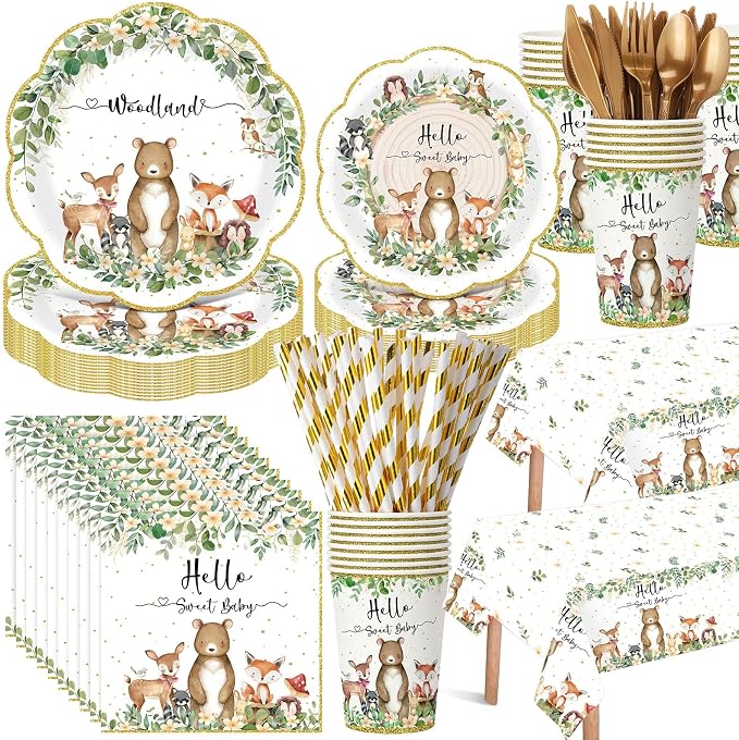 Funnymoom 452 Pcs Woodland Baby Shower Decorations for 50 Guests, Forest Animals Woodland Paper Plates Napkins Cups Tablecloth Cutlery Straws for Neutral Forest Animal Baby Shower Party Supplies