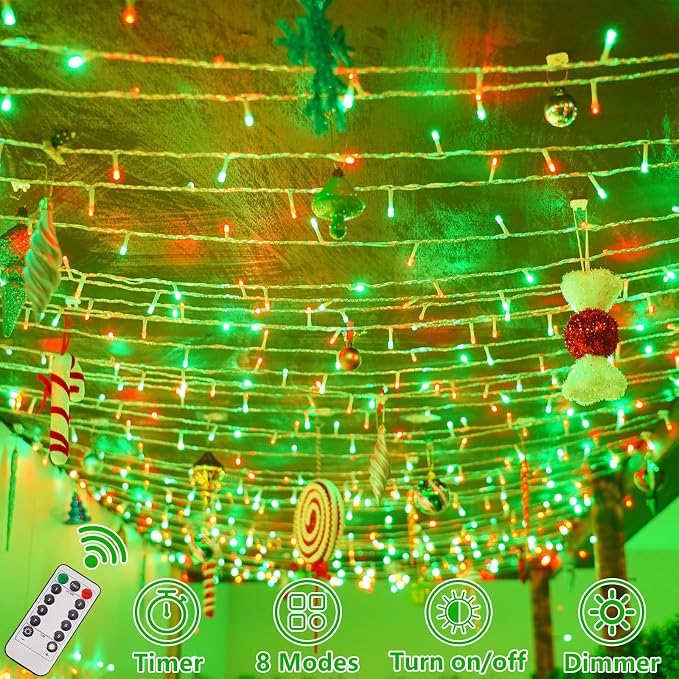 YEGUO Battery Operated String Lights, 2 Pack Each 33ft 100 LED Twinkle Fairy Lights Outdoor Waterproof, 8 Modes Clear Wire Red and Green Christmas Lights Indoor with Remote