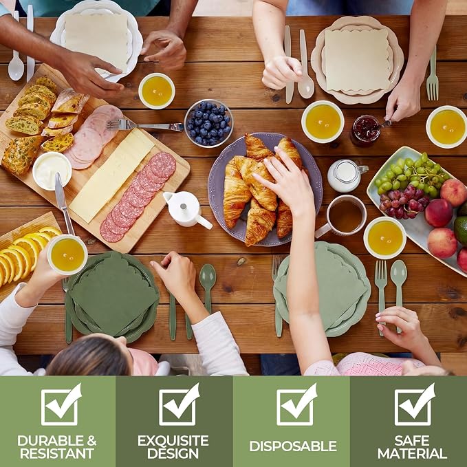 Qinyoung 388 Pcs Sage Green and Beige Plates and Napkins Party Supplies Tableware Include Disposable Scalloped Plate Paper Napkin Cup Plastic Cutlery for Baby Shower Party Wedding Birthday, 48 Sets