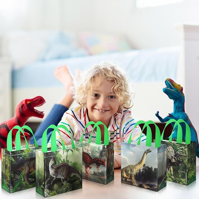 Sweetude 40 Pcs Dinosaur Gift Party Favor Bags with Handle, Non Woven Goodie Bags Birthday Favor for Birthday Baby Shower Packaging Supplies