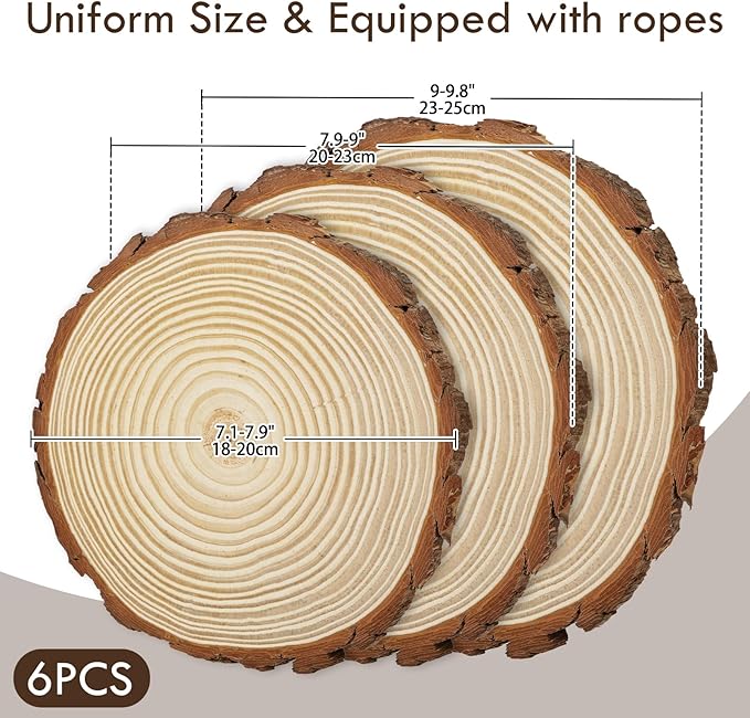 Large Unfinished Natural Wood Slices - 6 Pcs Natural Round Discs Rustic Wood Slices 7.1-9.8 Inch Wooden Tree Bark Discs for DIY Crafts Centerpieces Table Base Decoration Wedding Ornaments Coasters
