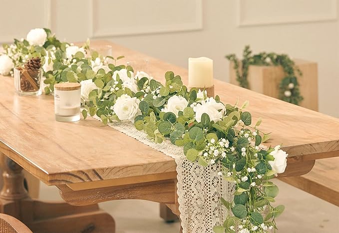 Anna's Whimsy 5.91FT Artificial Eucalyptus Garland with Flowers, Fake Flower Rose Gypsophila, Faux Floral Greenery Garland for Wedding Spring Home Party Craft Art Table Runner Decor