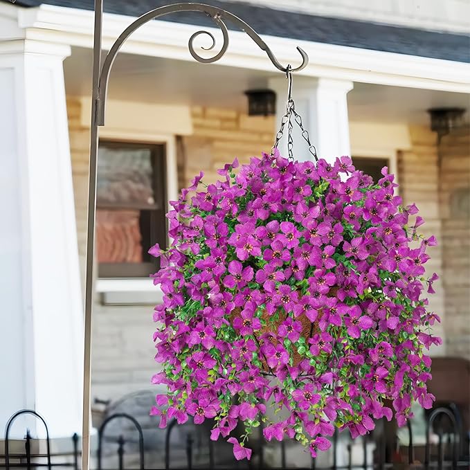 INXUGAO Artificial Hanging Flowers Plants with Basket for Outdoors, Realistic Faux Silk Daisy Flower Eucalyptus for Spring Decor, UV Resistant Fake Plants for Porch Patio Yard Balcony, Purple