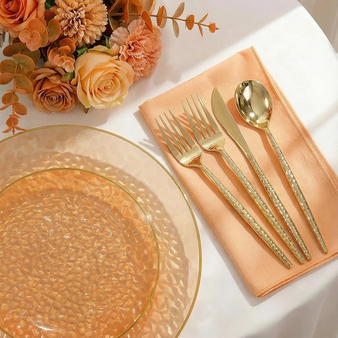 I00000 150Pcs Clear Orange Plastic Plates with Gold Rim,Orange Disposable Plastic Plates,Gold hammer patterned Disposable plates Set include 30 Dinner Plate,30 Dessert Plate,90 Silverware Set