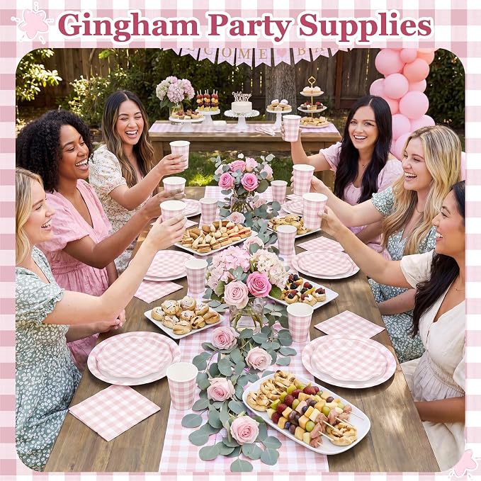 Funnymoom 250 Pcs Pink Gingham Paper Plates and Napkins Party Supplies Pink White Checkered Disposable Plaid Tableware Set Scalloped Dessert Plates for Wedding Bridal Shower Picnic Party Decorations