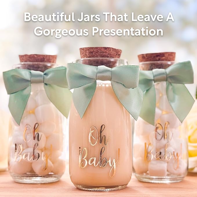 Ethisa 96 Pack Oh Baby Woodland Milk Glass Bottles with Ribbons and Stickers - Vintage Baby Shower Favors for Guests and Table Centerpieces - Gender Neutral Eucalyptus Decorations - Safari Theme