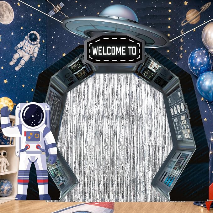 Space Birthday Party Hanging Banner Backdrop Astronaut Planet Door Covers Outer Space Silver Foil Fringe Backdrop Decorations for Wall Table Entryway Room Classroom Supplies