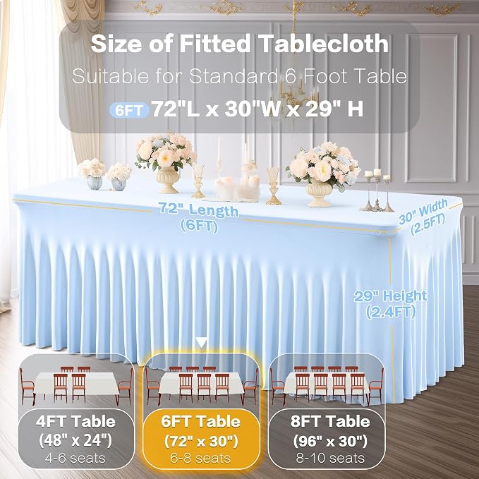 6 Packs Baby Blue Spandex Table Clothes for 6 Foot Rectangle Table, Spandex Table Covers 6FT Stretch Table Skirts Rectangle Tables Wrinkle Free Fitted Table Cover for Event, Wedding, Banquet & Parties
