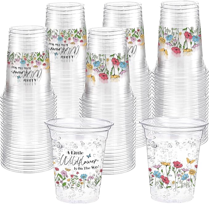 Funnymoom 60 Pack Wildflower Baby Shower Cups 12 oz Disposable Clear Plastic a Little Wildflower Is on the Way Cups for Wildflower Baby Shower Birthday Floral Spring Summer Party Decorations