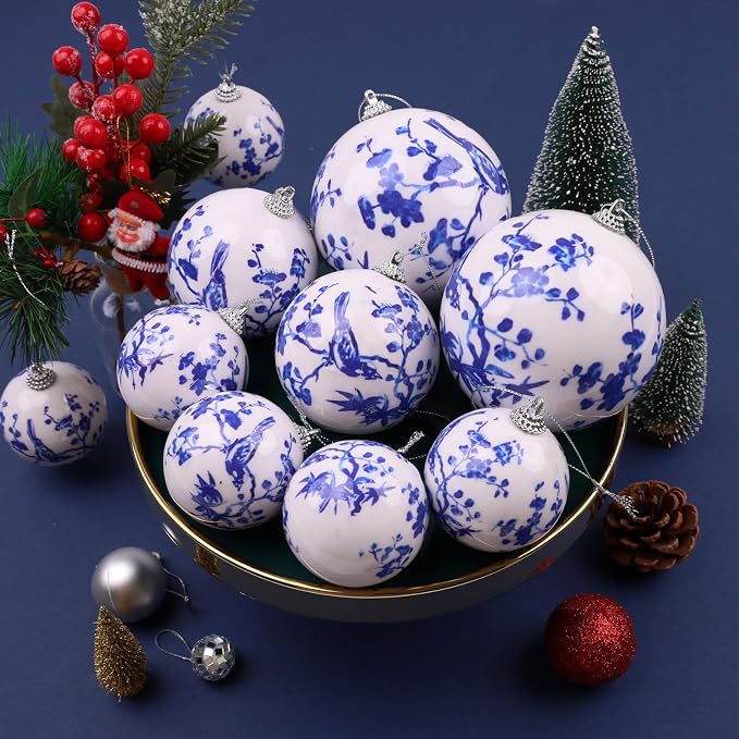 10 Pcs Chinoiserie Ornaments Ball White Blue Hanging Christmas Plastics Ball Decoration DIY Party Xmas Tree House Holiday Wedding Party Garden Baubles Decor