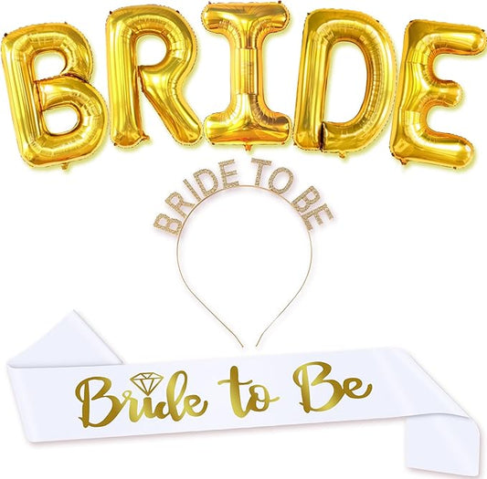 KatchOn, Bride Balloons Gold - 40 Inch | Gold Bride To Be Sash and Headband - Pack of 2 | Bachelorette Party Decorations | Bachelorette Sash and Crown | Gold Bride Balloons, Bridal Shower Decorations