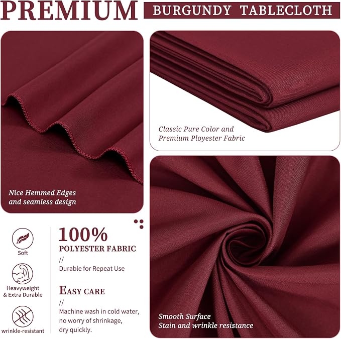 Showgeous 12 Pack Table Cloth Burgundy Tablecloth 60 x 102 Inch Table Clothes for 6 Foot Rectangle Tables, Wrinkle Resistant Washable Polyester Table Cover for Wedding Parties Banquet