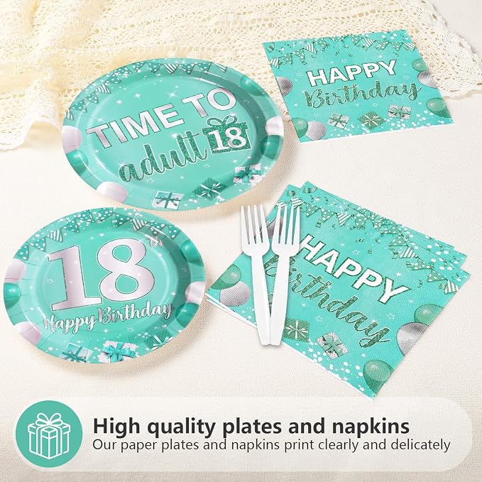 96Pcs Teal and Silver 18th Birthday Party Supplies, Serves 24 | Teal Plates and Napkins Tableware Sets Eighteen Party Decorations for Teens Boys and Girls 18 Years Old Birthday Supplies