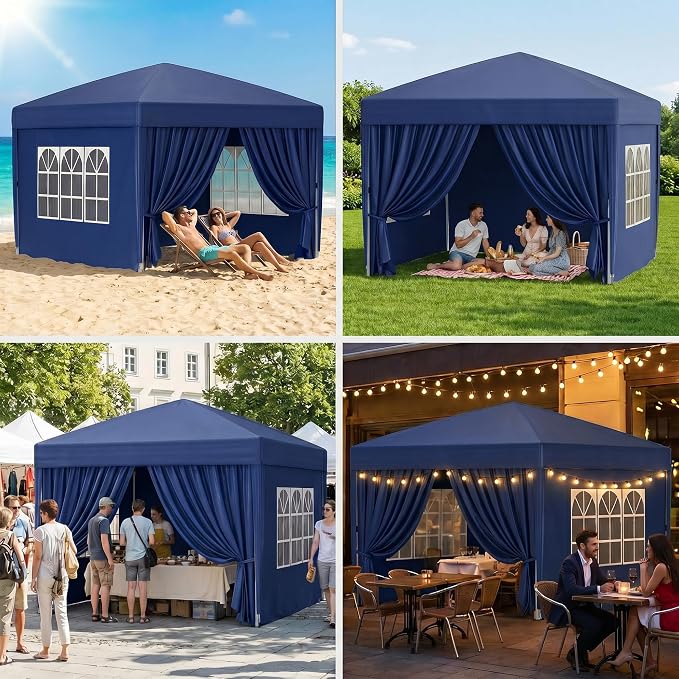 10x10 Pop Up Canopy with Sidewalls, Instant Tent with Carry Bag, Height Adjustable Waterproof Shade Canopy, for Event, Parties, Camping (Blue, 10x10 with Sidewalls)