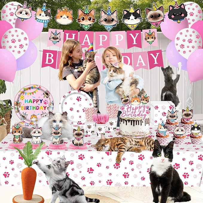197pcs Cat Birthday Decorations Kit, Cute Cat Themed birthday party decorations with Tableware, Cake Decorations & Hanging Accessories, Serves 24 Guests