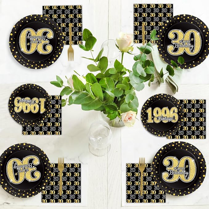 200PCS 30th Theme Birthday Party Tableware Vintage 1996 Party Supplies 30 Year Old Birthday Decorations Plates Napkins Forks Black and Gold Dinnerware Favors for Men or Women