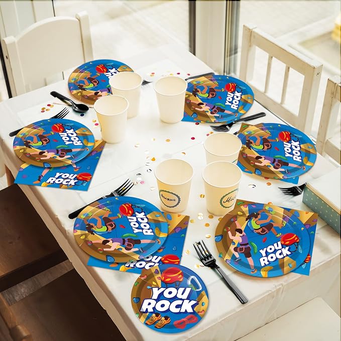 96 Pcs Rock Climbing Party Plates and Napkins Supplies Tableware Disposable Camping Party Dinner Dessert Plates for Rock Climbing Camping Adventure Table decorations, 24 Guests