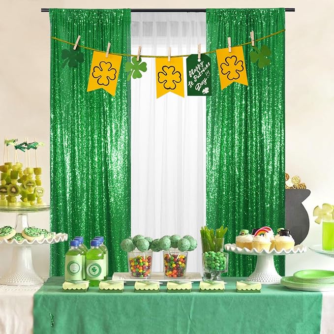 PartyDelight Green Sequin Backdrop Curtains 2x8ft 2 Panels | 3mm stitched sequin curtain with 4 inch rod pocket for 2x8ft 2 panel doorway window side drape narrow photo booth strip
