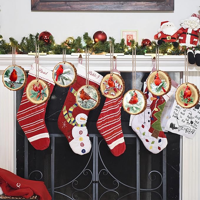 16 PCS Christmas Wood Ornaments Red Birds Hanging Wood Decor Holiday Wooden Slice Ornaments with Hemp Rope for Xmas Tree Centerpieces DIY Crafts Memorial Gifts