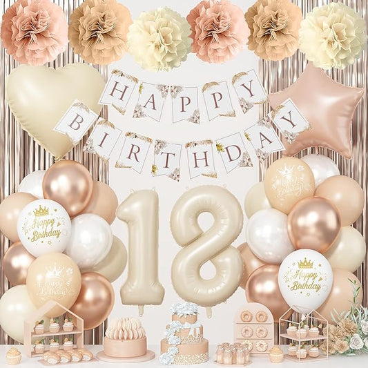 18th Cream Birthday Decorations for Girls, Beige Foil Number 18 Heart Tan Star Balloons Neutral White Gold Nude Latex Balloons with Boho Happy Birthday Banner Fringe Curtain Paper Pom Poms Party Decor