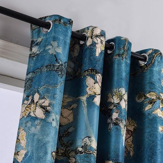 Taisier Home Chinese Style Plum Blossom Curtain Blue Artistic Print Curtains 63 Inches Long for Living Room,Personalized Pattern Curtains Bedroom Window Treatment Curtains 2 Panels Set