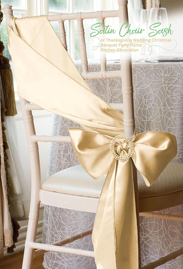 60 PCS Champagne Satin Chair Sashes, Ties Bows Designed Chairs Decorative, Chair Cover Sashes for Thanksgiving Wedding Christmas Banquet Party Home Kitchen Decoration (7 x 108 inch)