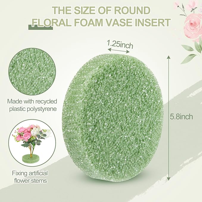 Chunful 6 Pack Cemetery Vase Floral Foam Inserts 1.25 x 5.8 Inch Round Green Floral Foam for Artificial Flowers Dry Foams for Grave Vase Headstone Flower Arrangement