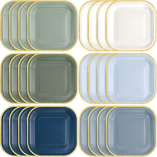 60 Pcs Dusty Blue and Green Paper Plates 7 Inch Gradient Disposable Square Dessert Party Plates with Gold Edge for Birthday Wedding Bridal Baby Shower Party Supplies, 6 Colors
