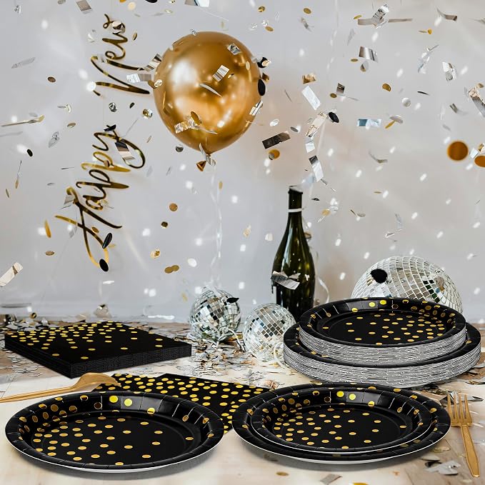 QZYL 122 Pcs Black and Gold Plates and Napkins, Black Plates Disposable for Party, Golden Birthday Tableware Serves 30, Gold Dots Retirement Party Supplies with Plate, Napkin, Fork and Tablecloth