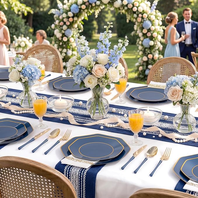 KIRE 140Pcs Blue Plastic Plates with Gold Rim - Gold Disposable Plastic Silverware with Blue Handle&Clear Cups&Hand Napkin - Geometric Party Plates for Passover/Party/Graduation