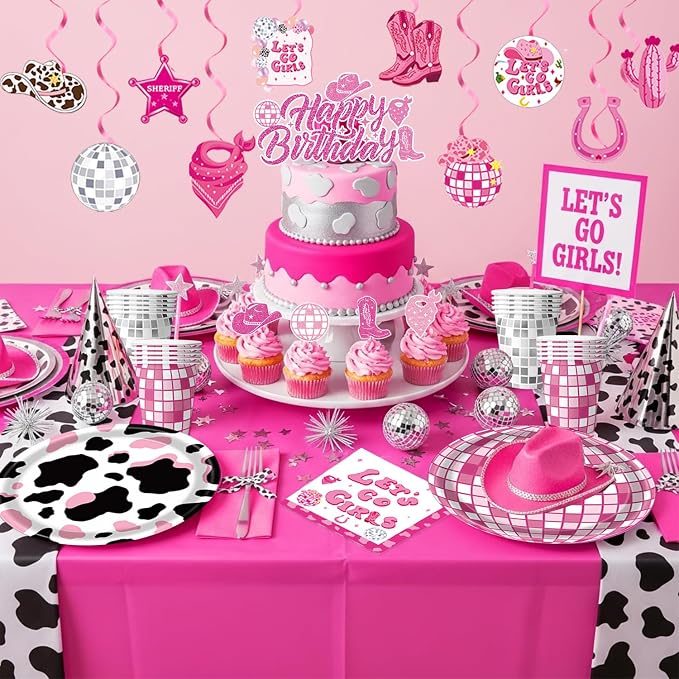 Cowgirl Birthday Party Decorations – Plates, Napkins, Cups, Banner, Hanging Swirls, Tablecloths, Balloons, Cake & Cupcake Toppers, Honeycomb Centerpieces – Disco Cowgirl Party Decorations, Serves 24
