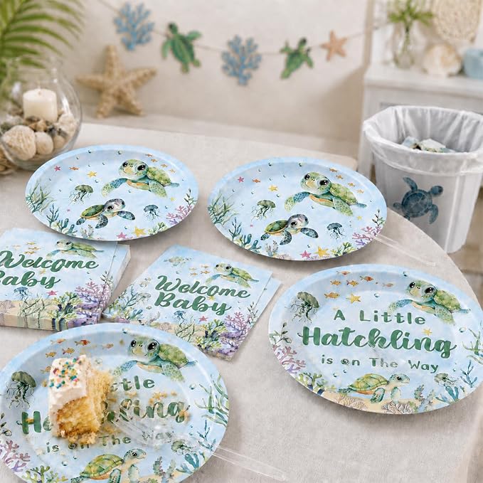 96 Pcs Sea Turtle Baby Shower Party Decorations A Little Hatchling is on The Way Paper Plates and Napkins Forks Under The Sea Ocean Party Supplies for Welcome Baby Shower Birthday Serves 24 Guests