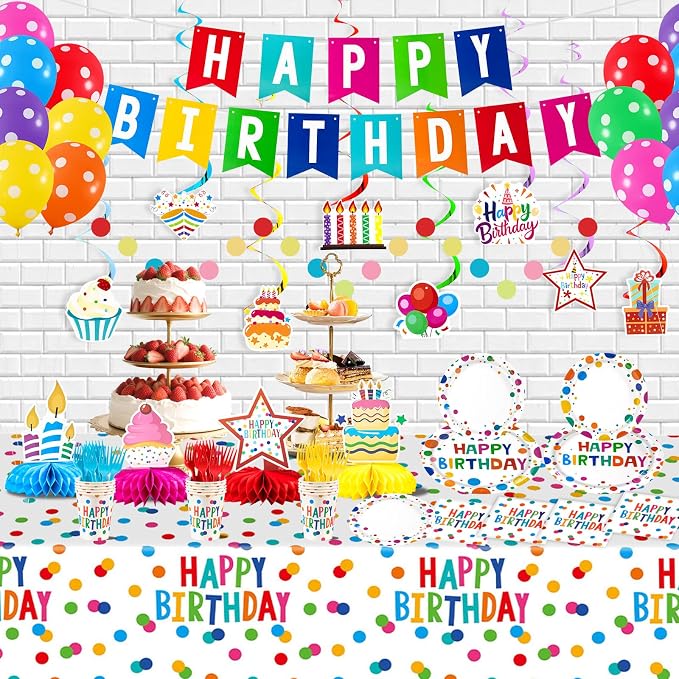 Colorful Dots Party Decorations,155pcs Happy Birthday Themed Party Decorations Include Tablecloth,Plate and Napkin,Cup,Fork,Banner,Balloon,Honey Comb ,Hanging Swirls, Colorful Party Supplies Serve 24