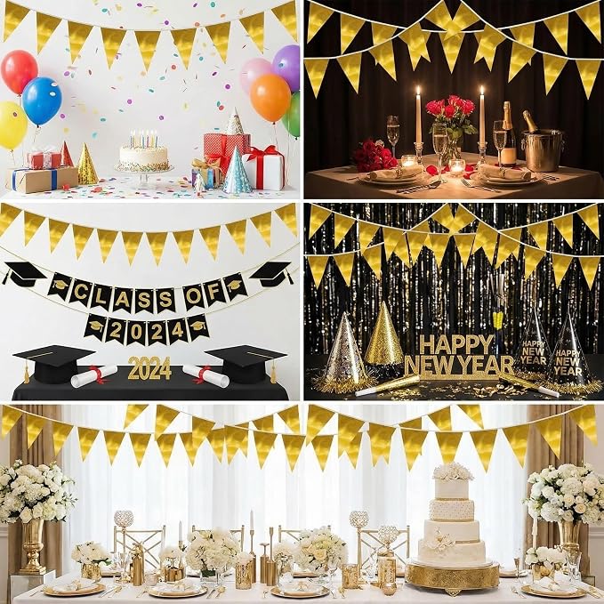 40M/130FT Gold Triangle Pennant Banner Flag Metallic Fabric Bunting Garland for Christmas Graduation Wedding Engagement Anniversary Bachelorette Birthday Bridal Shower Valentines Hen Party Supplies