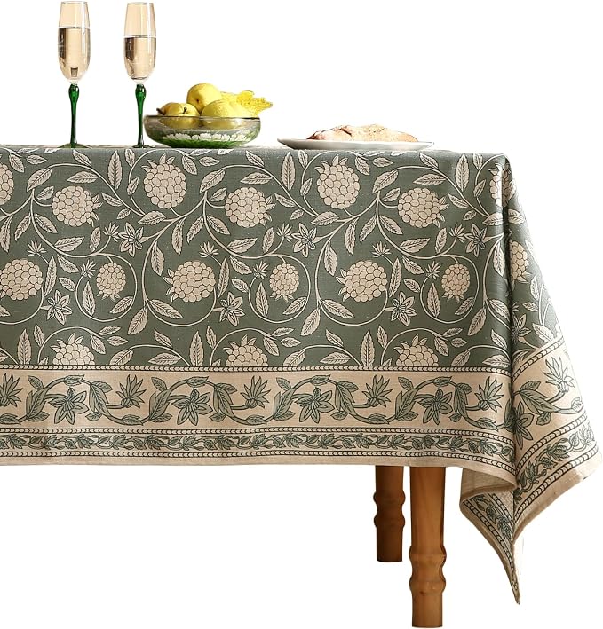 ISAENNE Designer Linen Green Rectangular Tablecloth,79"x55"-Andrew A | Vintage Elegant French Table Cloth Rectangle Table,Floral Pattern,Heavyweight,Dining Room,Tea Party,Kitchen,Thanksgiving