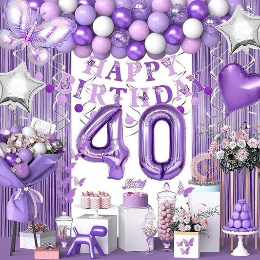 40th Purple Birthday Decorations for Women, Purple Pink 40th Birthday Decorations Butterfly Theme Lavender Party Decor Set with Number Balloons, Banner, Sash, Butterfly Stickers